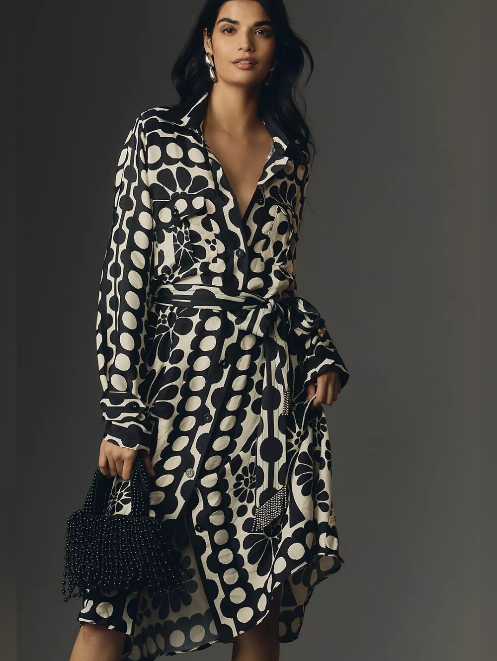 Farm Rio Palmero Black & White Printed Belted Shirt Dress Size S